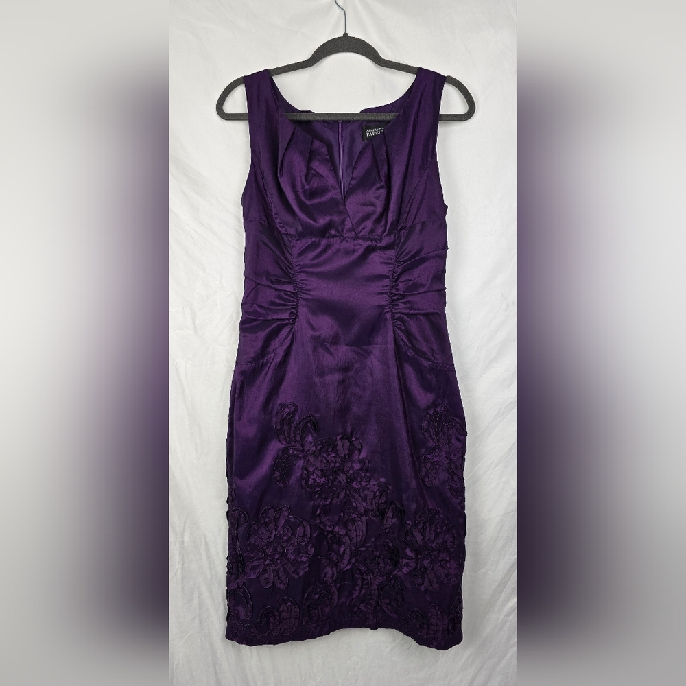 Adrianna Papell Satin Purple Artsy Flower Ruched Elegant Midi